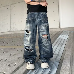 Men Fashion Casual Ripped Loose Wide Leg Jeans