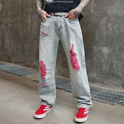 Men'S Fashion Casual Ripped Stitching Thin Loose Straight Jeans