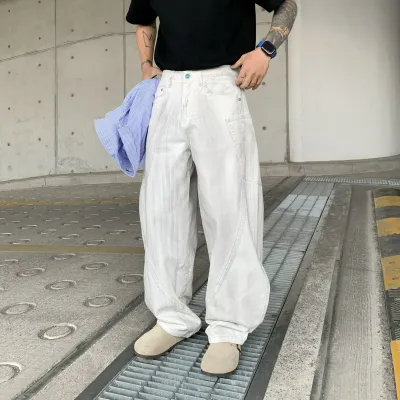 Men'S Fashion Casual Spring And Autumn Solid Color Wide Leg Loose Straight Jeans