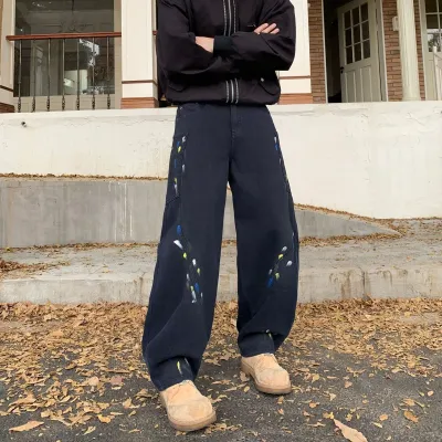 Men Fashion Casual Splash Ink Hand-Painted Wide Leg Jeans