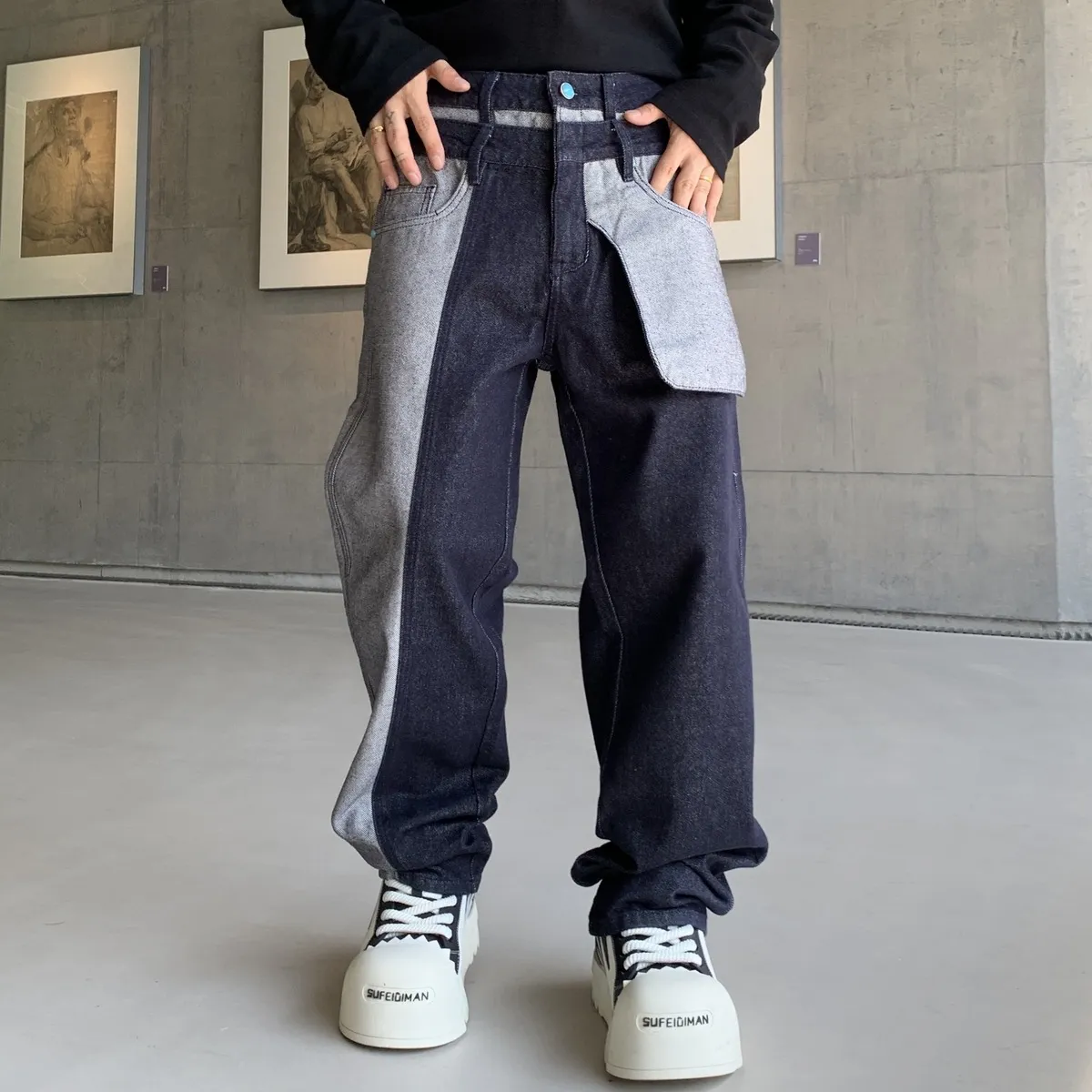 Men Fashion Casual Washed Stitching Design Loose Straight Jeans