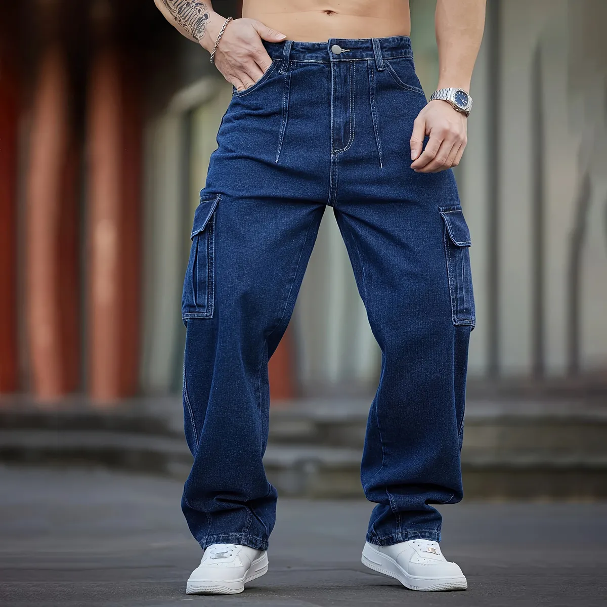 Men Fashion Casual Retro Multi-Pocket Wide Leg Cargo Jeans