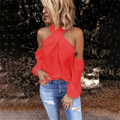 Women Fashion Neck Off-Shoulder Long Sleeve Shirt