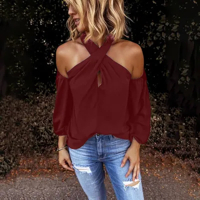 Women Fashion Neck Off-Shoulder Long Sleeve Shirt