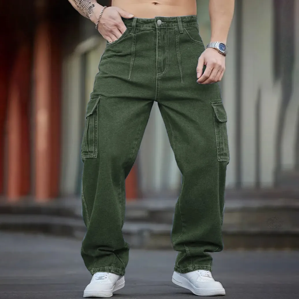 Men'S Fashion Casual Washed Green Multi-Pocket Wide Leg Cargo Jeans