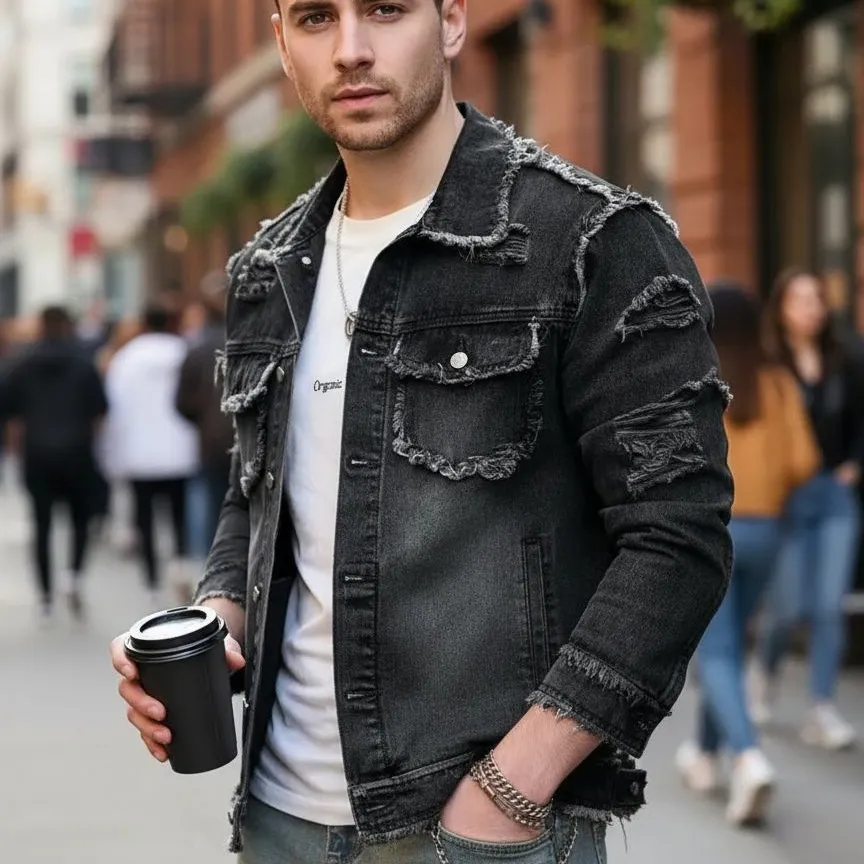Men'S Fashion Casual Autumn Loose Pocket Fur Edge Design Lapel Long-Sleeve Denim Jacket