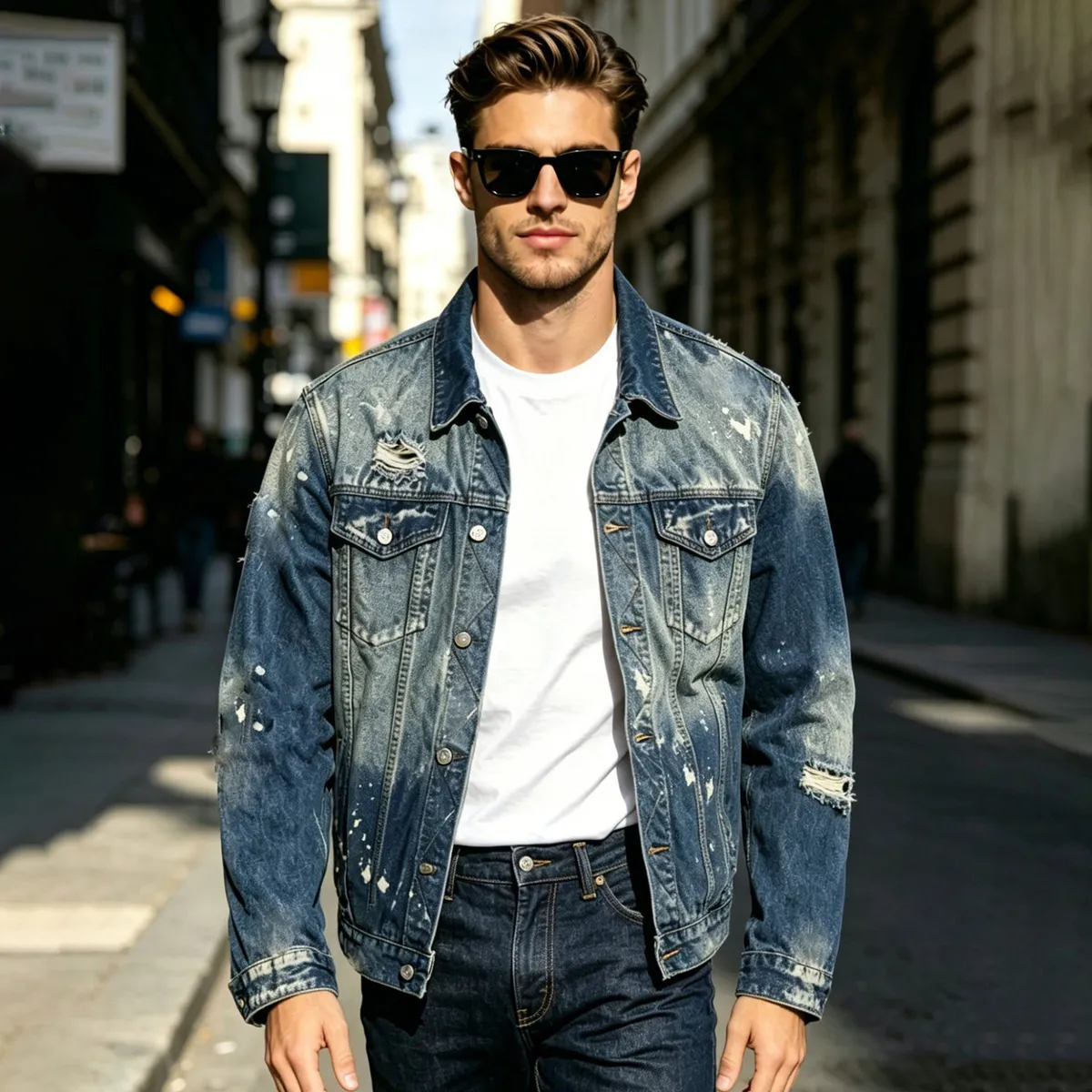 Men'S Fashion Casual Autumn Wash Ripped Lapel Long-Sleeve Slim-Fit Denim Jacket