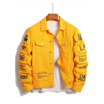 Men'S Fashion Casual Autumn Letter Printed Ripped Lapel Long-Sleeve Denim Jacket