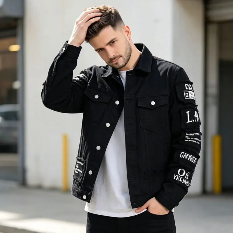 Men'S Fashion Casual Autumn Letter Printed Ripped Lapel Long-Sleeve Denim Jacket