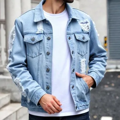 Men'S Fashion Casual Autumn Lapel Long-Sleeve Loose Ripped Denim Jacket