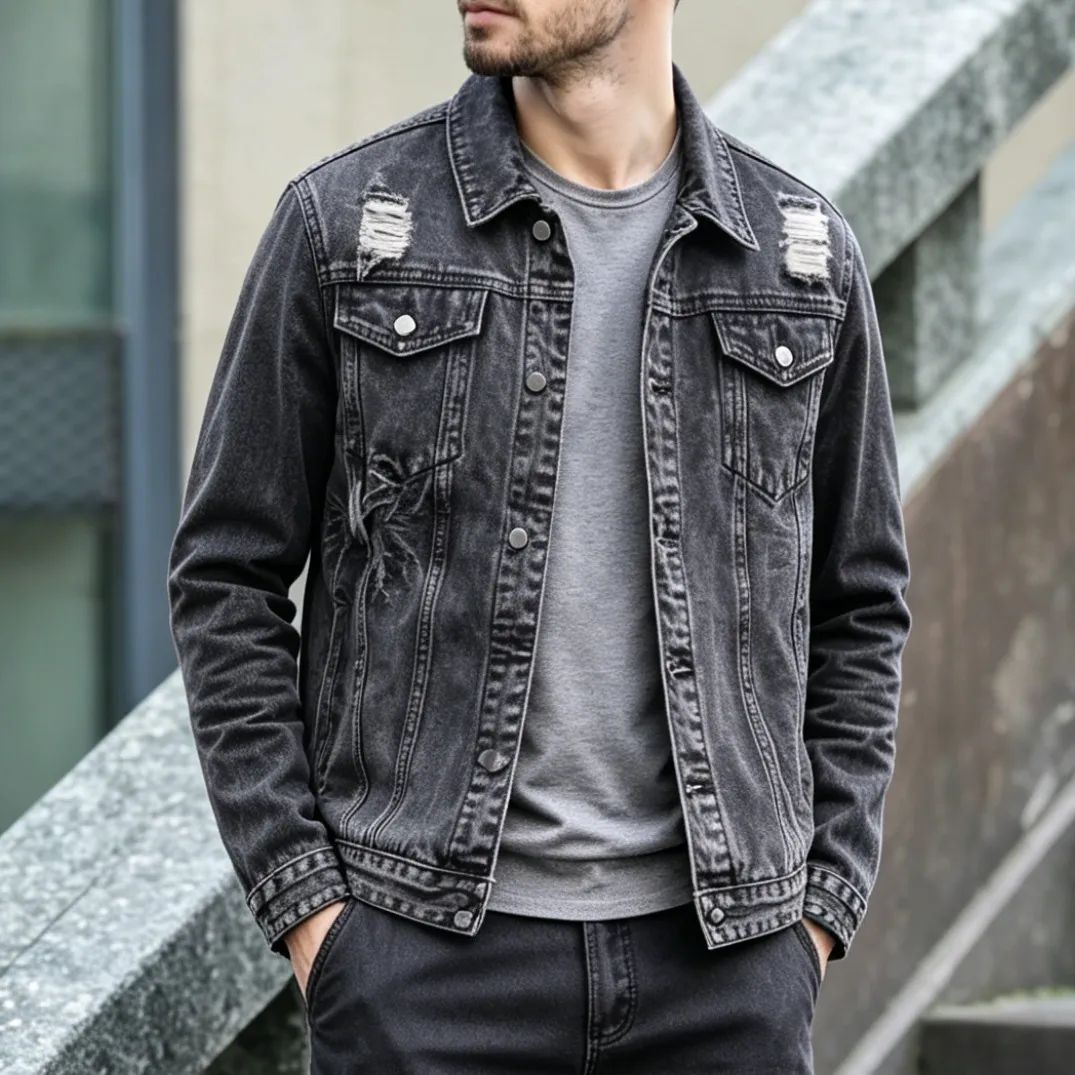 Men'S Fashion Casual Spring Autumn Ripped Lapel Long-Sleeve Denim Jacket
