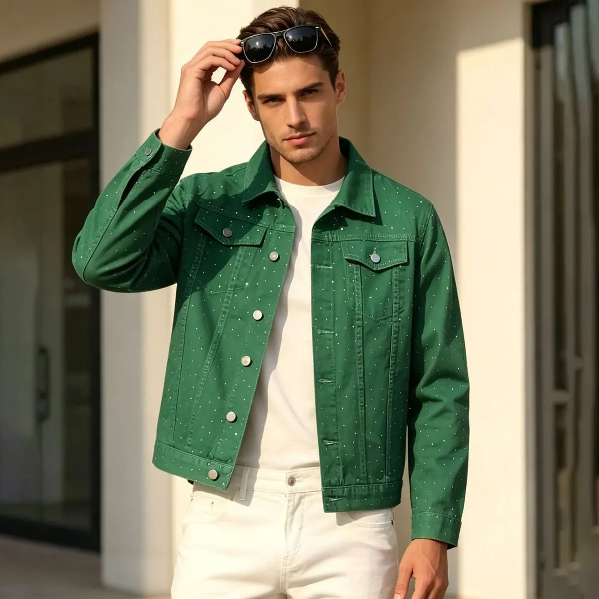Men'S Fashion Casual Autumn Rhinestone Lapel Long-Sleeve Denim Jacket