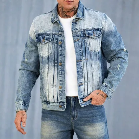 Men'S Fashion Causal Pleated Gradient Lapel Long-Sleeve Denim Jacket
