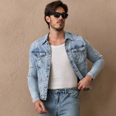 Men'S Fashion Casual Ripped Lapel Long-Sleeve Slim-Fit Denim Jacket