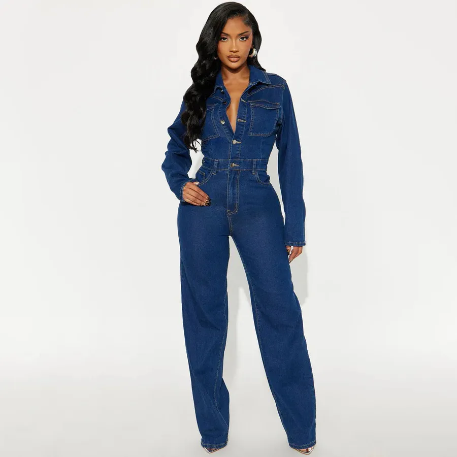 Women Fashion Casual Autumn Wash Lapel Long Sleeve Slim-Fit Elastic Denim Jumpsuit
