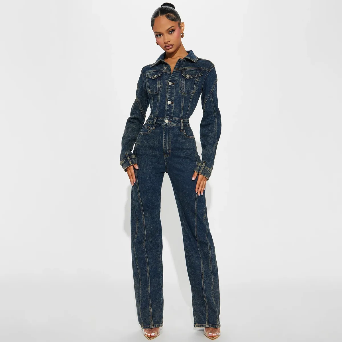 Women Fashion Casual Autumn Wash Lapel Long Sleeve Stitching Loose Stretch Denim Jumpsuit