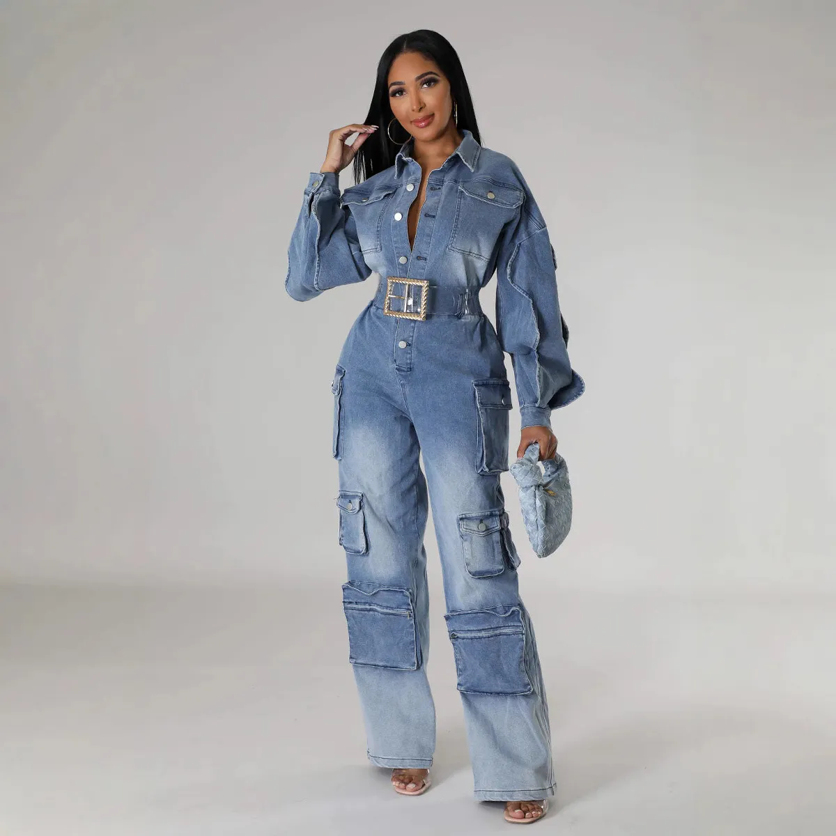 Women Fashion Casual Autumn Wash Lapel Long-Sleeve Multi-Pocket Wide Leg Denim Jumpsuit