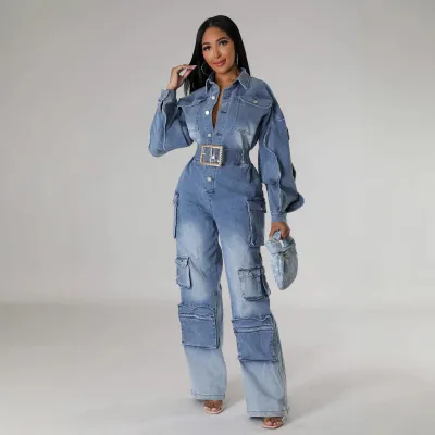 Women Fashion Casual Autumn Wash Lapel Long-Sleeve Multi-Pocket Wide Leg Denim Jumpsuit
