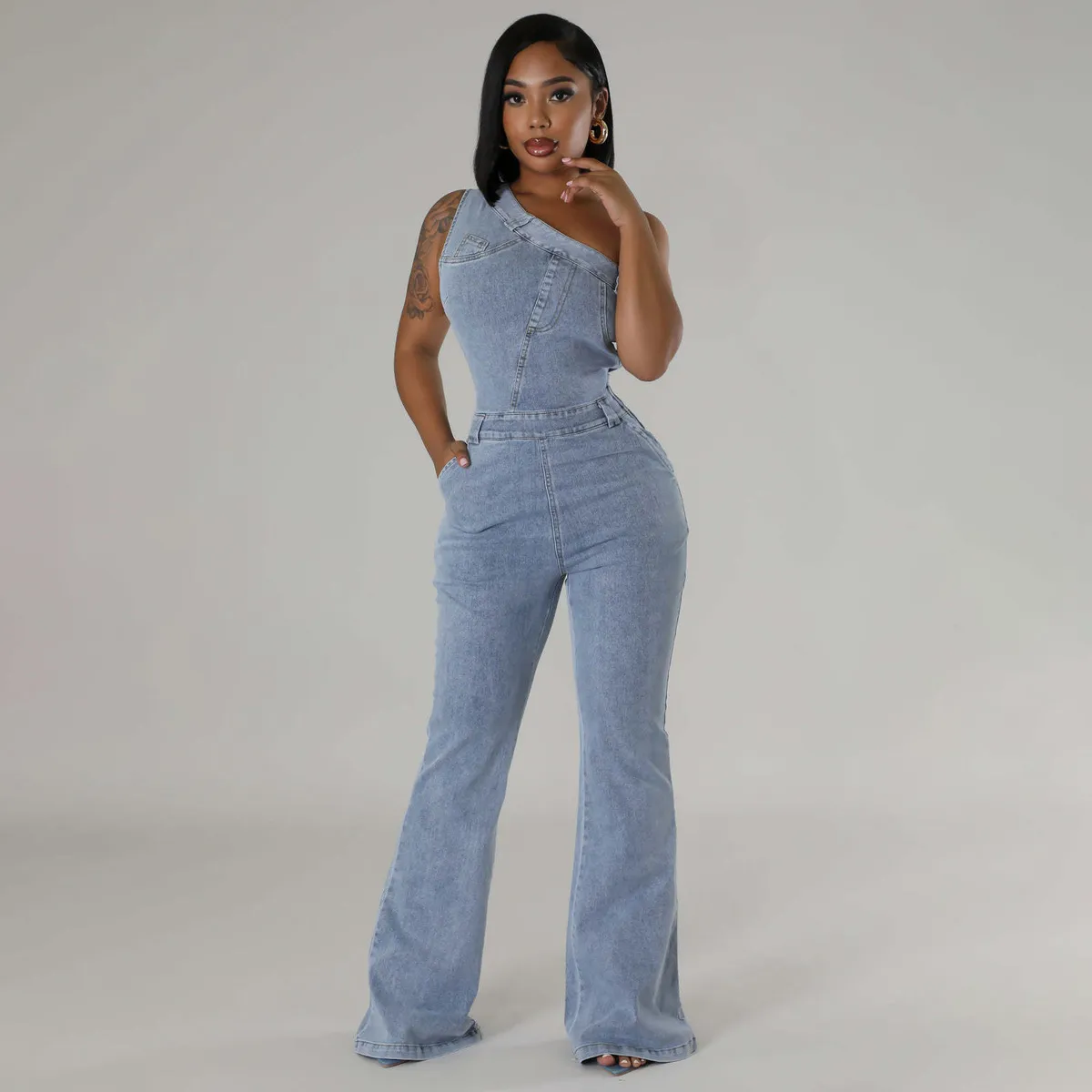 Women Fashion Sexy Wash Slant Shoulder Sleeveless Tight Waist Slim Stretch Denim Jumpsuit