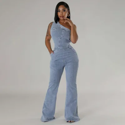 Women Fashion Sexy Wash Slant Shoulder Sleeveless Tight Waist Slim Stretch Denim Jumpsuit