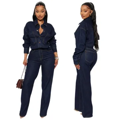 Women Fashion Casual Autumn Wash Slim-Fit Elastic Lapel Long Sleeve Loose Denim Jumpsuit