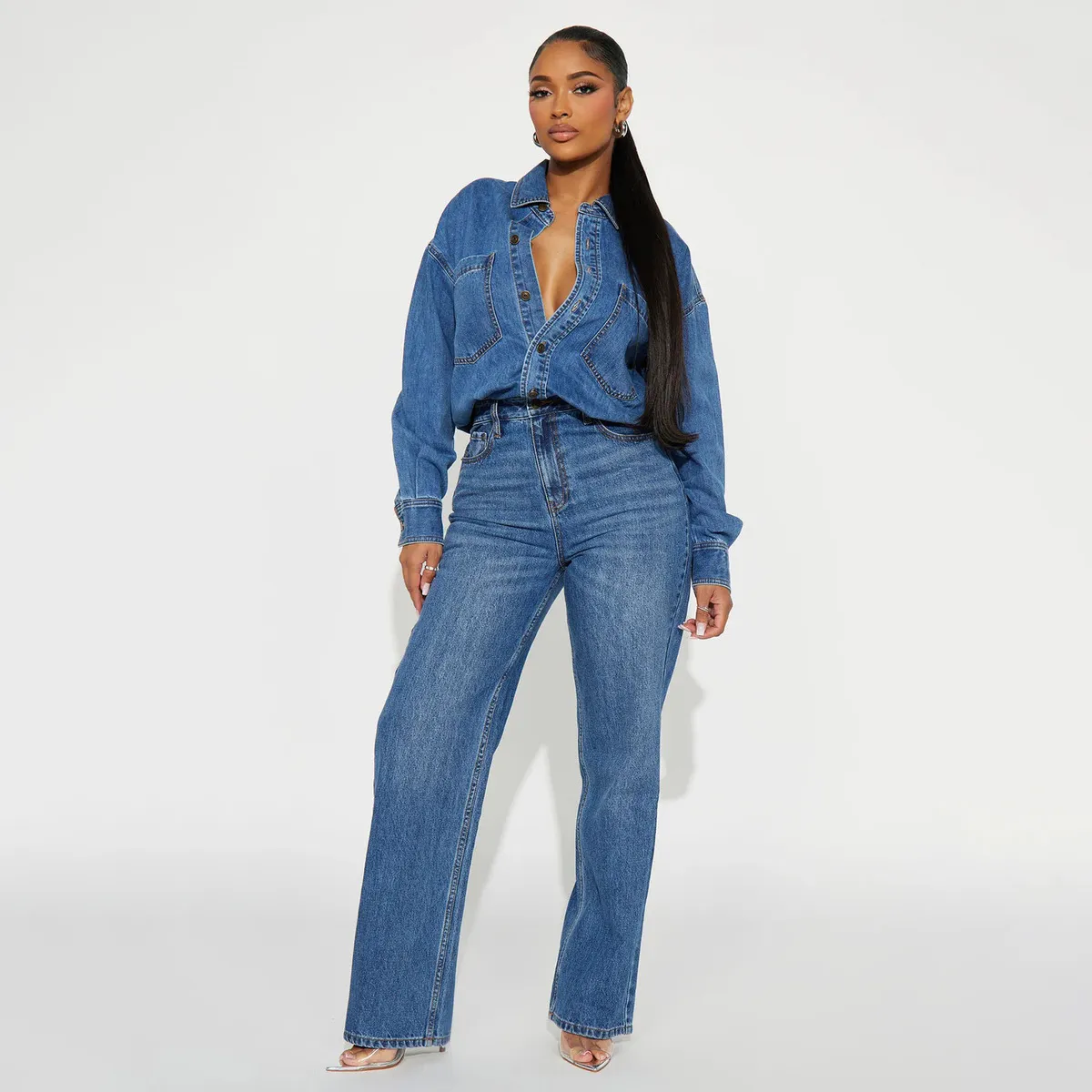 Women Fashion Casual Autumn Wash Slim-Fit Elastic Lapel Long Sleeve Loose Denim Jumpsuit