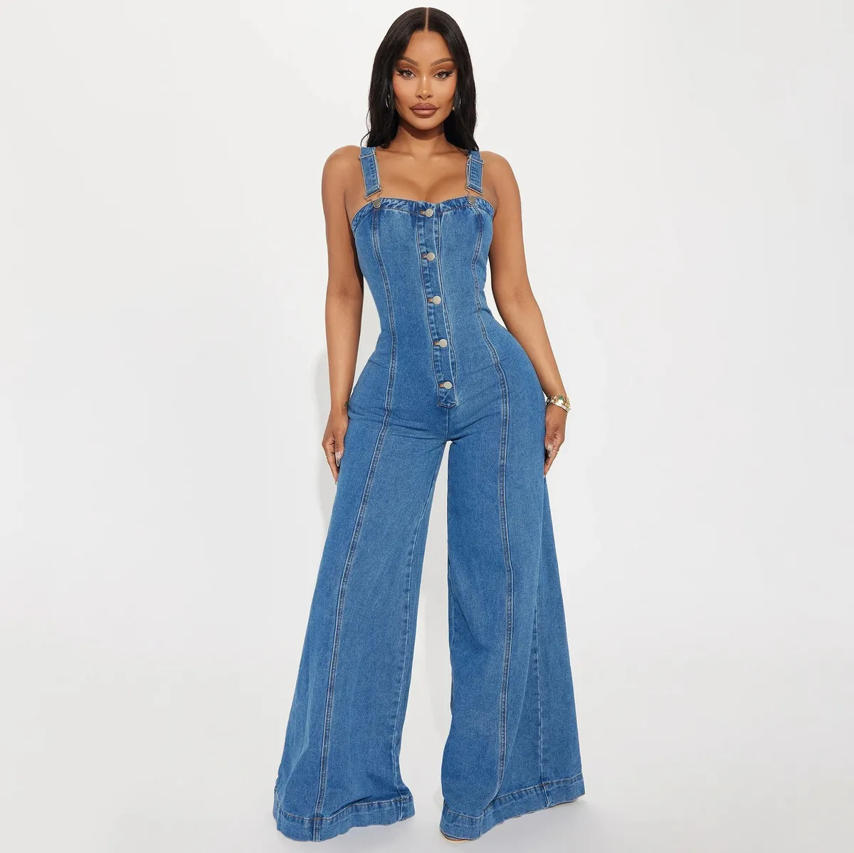 Women Fashion Casual Sexy Sleeveless Wide Leg Denim Jumpsuit