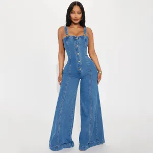 Women Fashion Casual Sexy Sleeveless Wide Leg Denim Jumpsuit