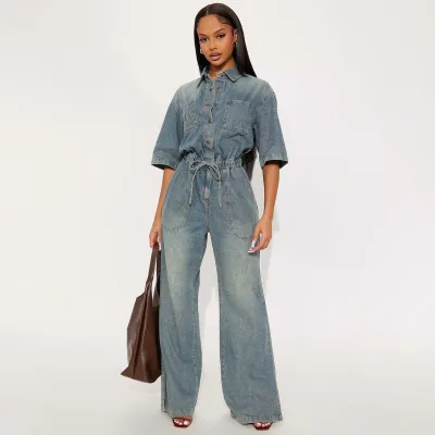 Women Fashion Casual Autumn Wash Elastic Waist Laple Short-Sleeve Wide-Leg Denim Jumpsuit