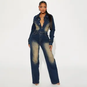 Women Fashion Casual Autumn Wash Lapel Long Sleeve Slim-Fit Elastic Denim Jumpsuit