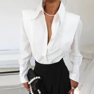 Autumn Women Fashion Solid Color Lapel Long Sleeve Shirt
