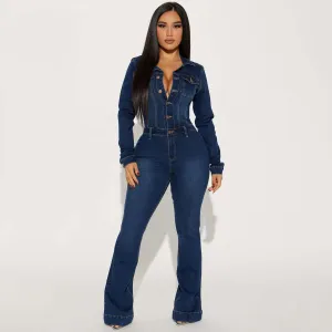 Women Fashion Casual Autumn Wash Lapel Long Sleeve Slim-Fit Elastic Tight Denim Jumpsuit