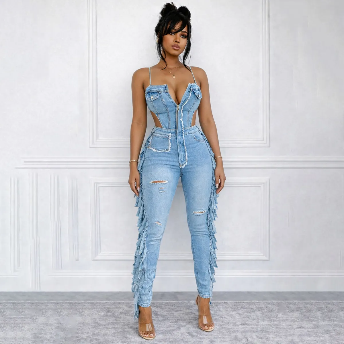 Women Fashion Sexy High Elastic Hollow-Out Tassel Spaghetti Strap Tight Denim Jumpsuit