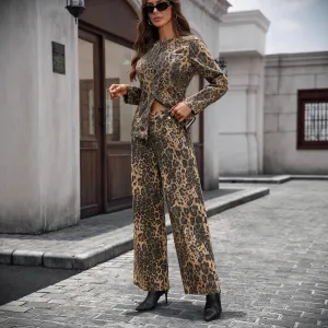 Women Fashion Casual Wash Leopard Long Sleeve Single-Breasted Top Straight Jeans Denim Two-Piece Set