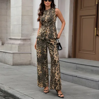 Women'S Fashion Casual Autumn Washed Leopard Print Sleeveless Top Straight Jeans Denim Two-Piece Set