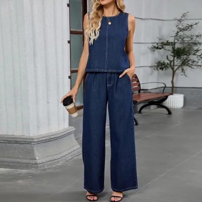 Women'S Fashion Casual Autumn Washed Sleeveless Tank Top Straight Jeans Denim Two-Piece Set