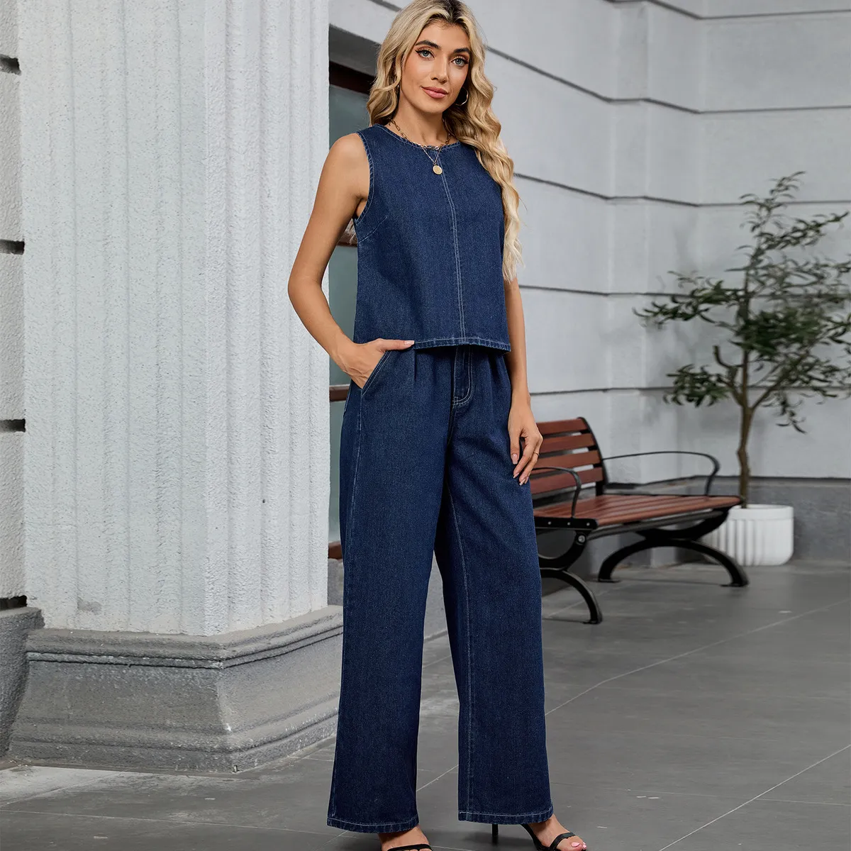 Women'S Fashion Casual Autumn Washed Sleeveless Tank Top Straight Jeans Denim Two-Piece Set