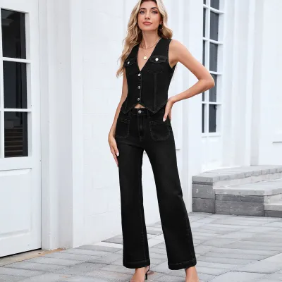 Women Fashion Casual Wash V-Neck Sleeveless Vest Straight Jeans Denim Two-Piece Set