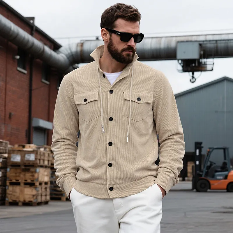 Men'S Fashion Casual Autumn And Winter Solid Color Corduroy Pocket Long Sleeve Loose Coat