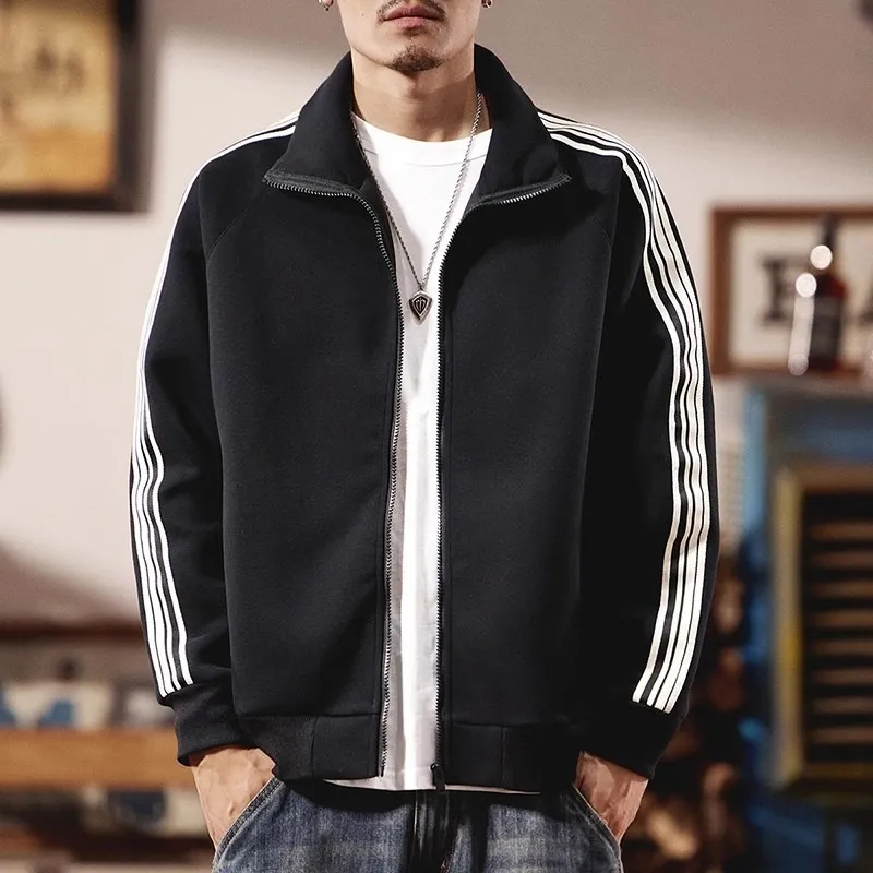 Men Fashion Casual Autumn Three Stripe Long Sleeve Zipper Coat