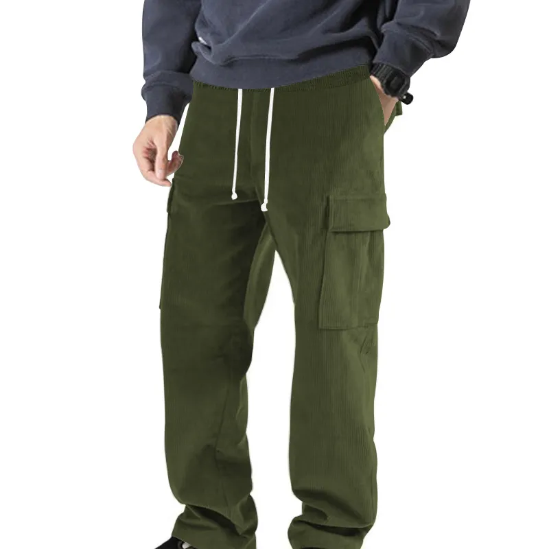 Men'S fashion casual Spring And Autumn solid color Corduroy  Multi-Pocket Loose Straight Pants