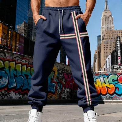Men'S Fashion Casual Winter Fleece-Lined Stitching Loose Jogging Pants