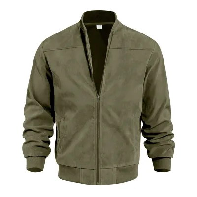Men'S Fashion Casual Autumn Solid Color Suede Long-Sleeve Loose Zip Coat