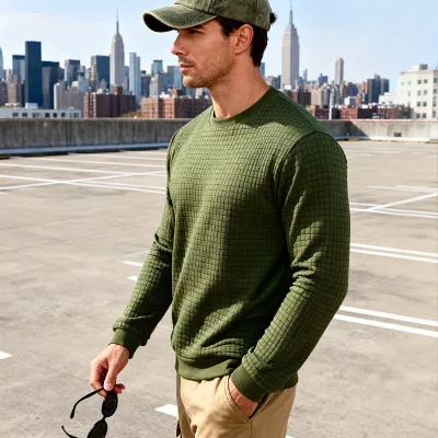 Men'S Fashion Casual Simple Spring And Autumn Jacquard Round Neck Long Sleeve Loose Sweatshirt