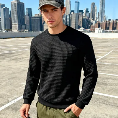 Men'S Fashion Casual Simple Spring And Autumn Jacquard Round Neck Long Sleeve Loose Sweatshirt