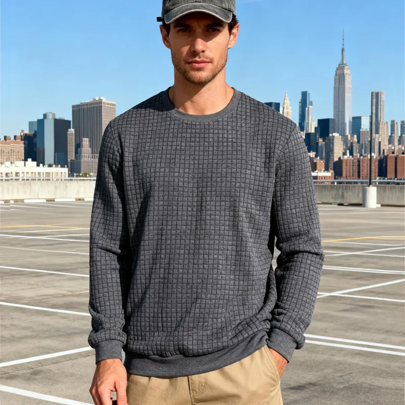 Men'S Fashion Casual Simple Spring And Autumn Jacquard Round Neck Long Sleeve Loose Sweatshirt