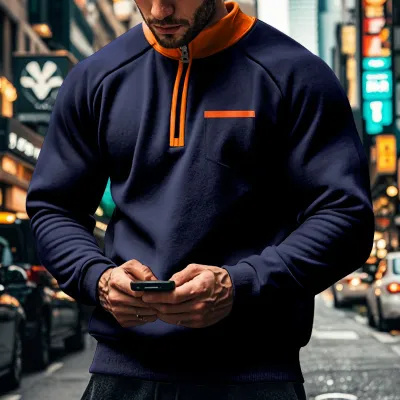 Men'S Fashion Casual Autumn Winter Color-Block Collar Half-Zip Pocket Fleece-Lined Loose Sweatshirt