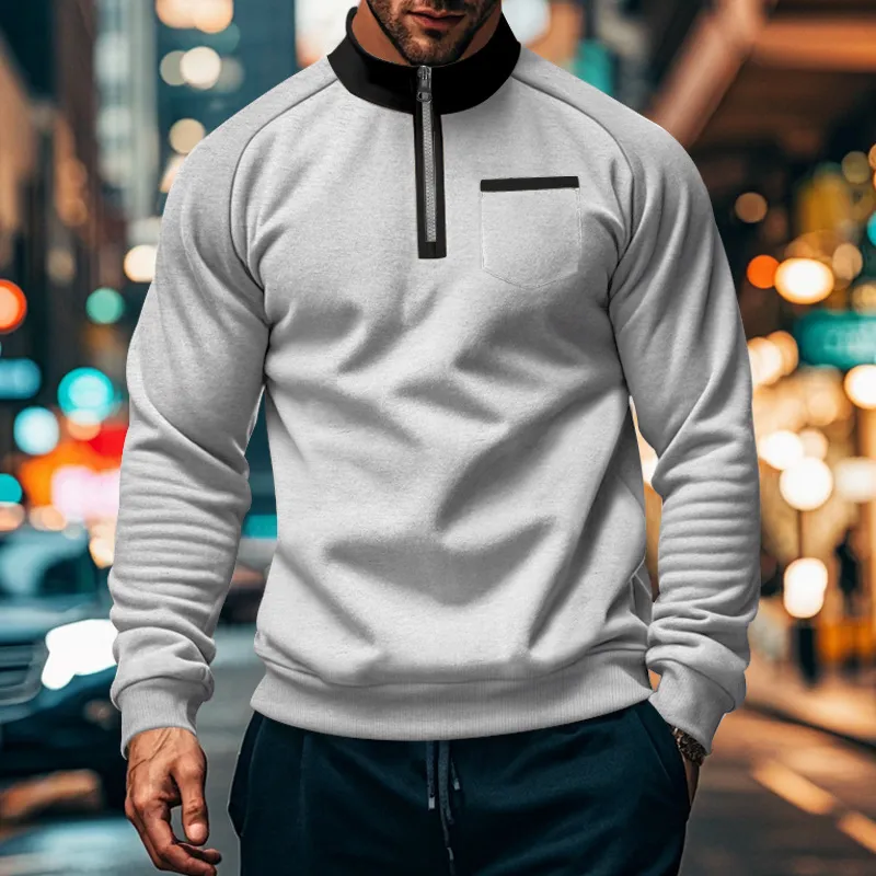 Men'S Fashion Casual Autumn Winter Color-Block Collar Half-Zip Pocket Fleece-Lined Loose Sweatshirt
