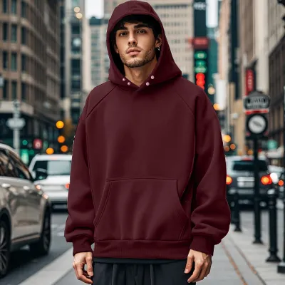 Men'S Fashion Casual Autumn And Winter Solid Color Fleece-Lined Pocket Loose Hoodies