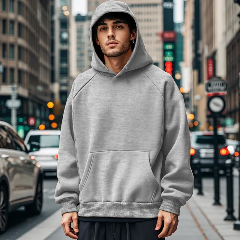 Men'S Fashion Casual Autumn And Winter Solid Color Fleece-Lined Pocket Loose Hoodies